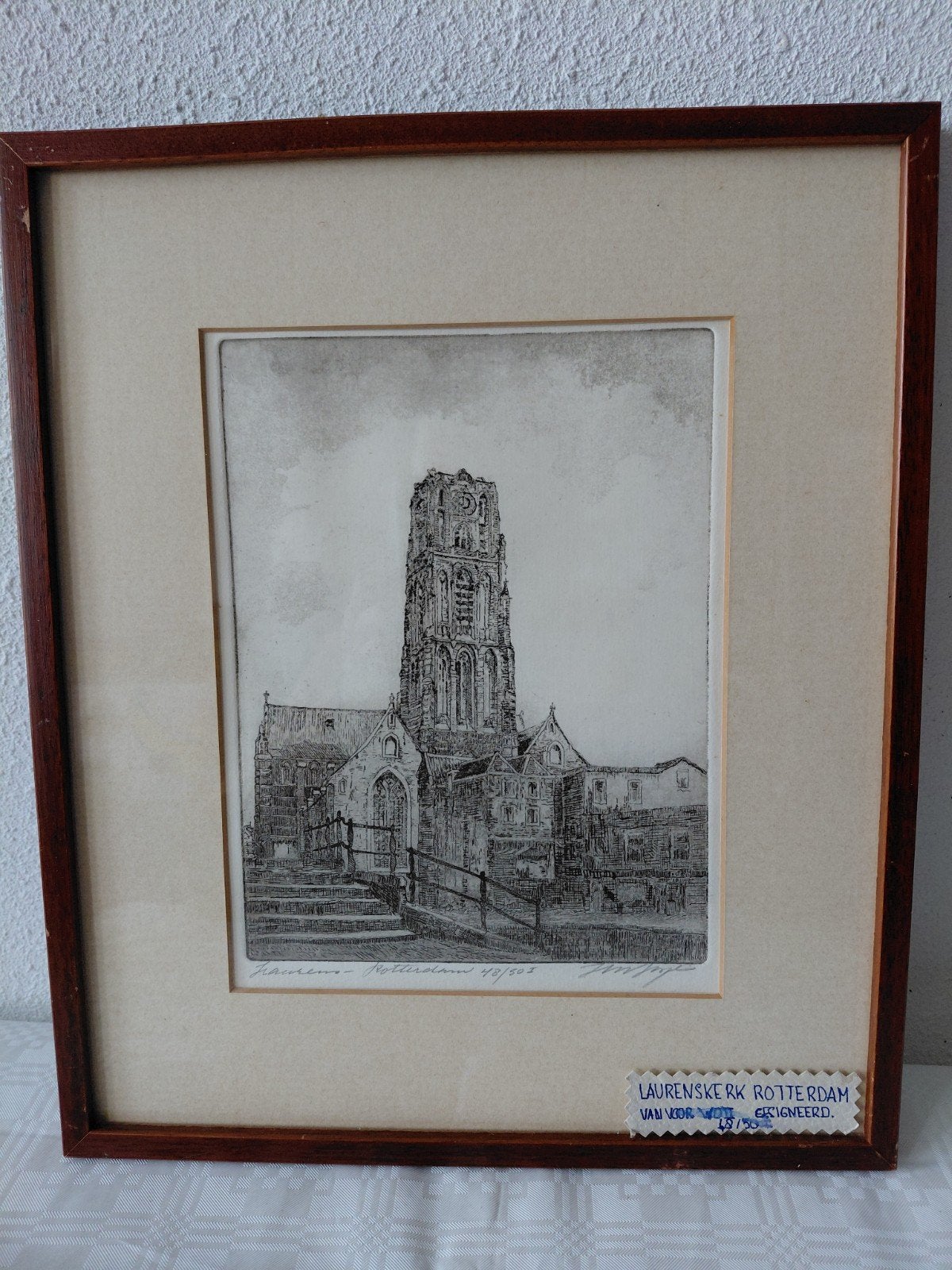 Ets Laurenskerk Rotterdam, gesigneerd en genummerd, Antiek en Kunst, Ingelijst, Ets, Architectuur, Ophalen of Verzenden