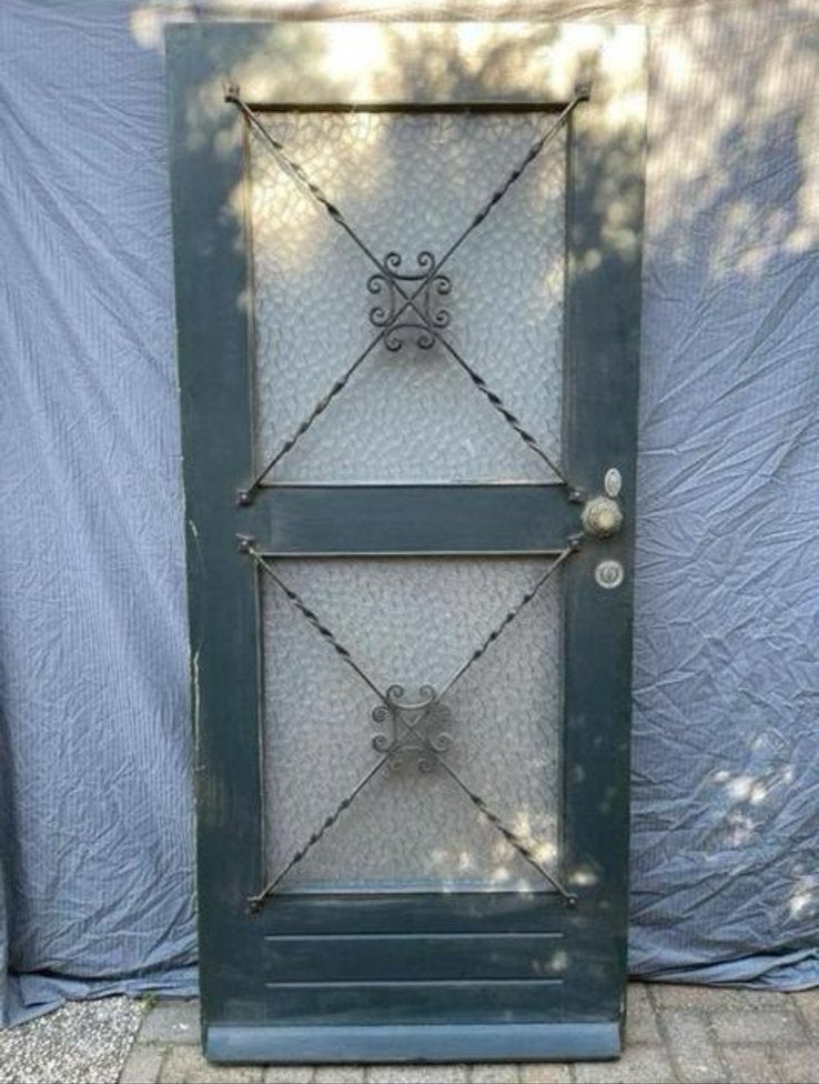 Donkergroene houten merbau voor en achterdeur, Ophalen, Gebruikt, Buitendeur, 200 tot 215 cm