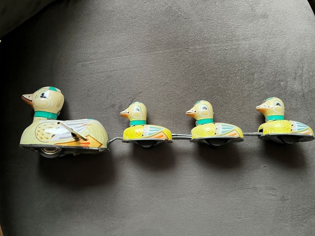 Vintage blikken opwind eend met kuikens, Ophalen of Verzenden