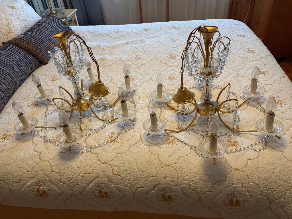 Vintage messing kristallen kroonluchters, Huis en Inrichting, Ophalen, Klassiek, E14 (klein), Glas