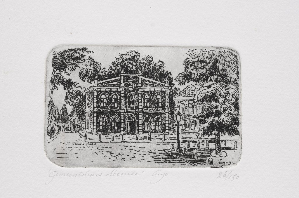 Abcoude. Gemeentehuis. Originele ets., Blanco verso, Stadsgezicht, 11 cm, 1950 - 1999