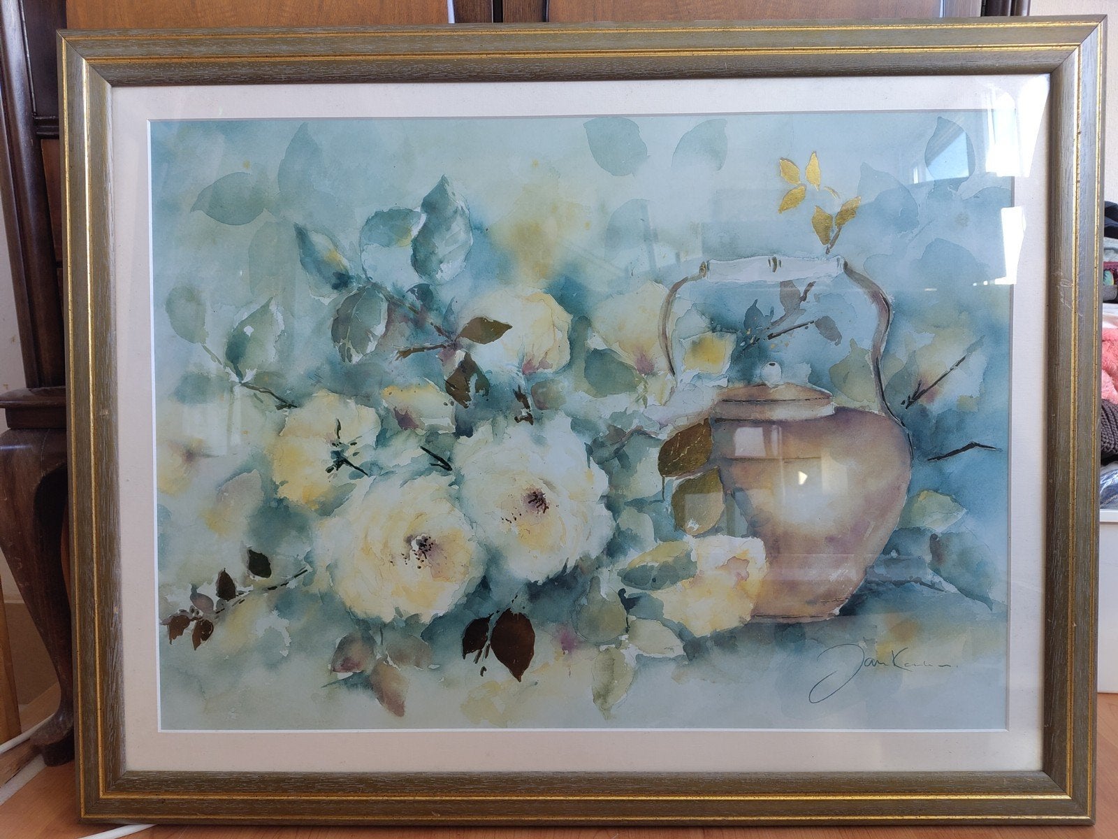 Reproductie aquarel Jan Kooistra - Bloemen en vaas, Achter glas, Klassiek, Print, Papier