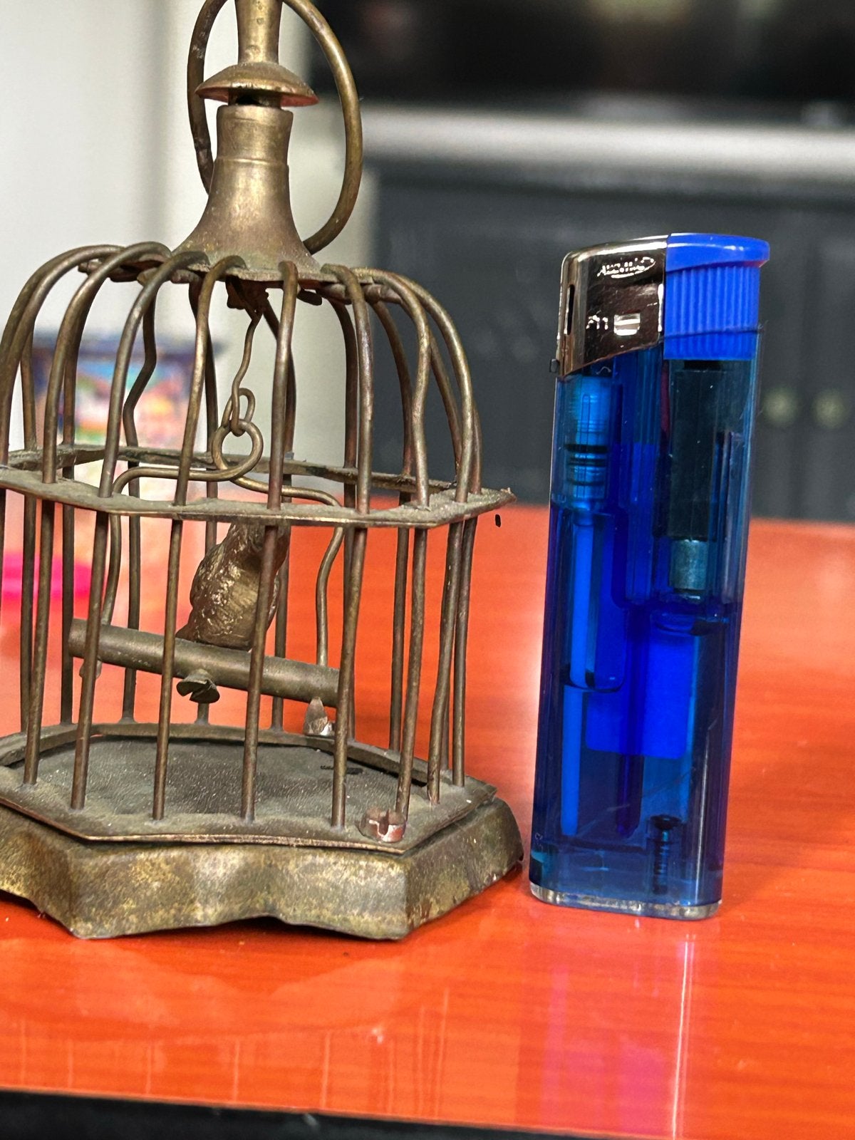 Antiek Koperen Vogelkooitje met Vogel - Poppenhuis Miniatuur, Ophalen of Verzenden, Koper