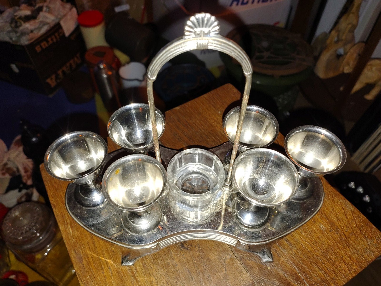 Verzilverd Eierstel (Art Deco) – Compleet met 6 dopjes, Antiek en Kunst, Ophalen of Verzenden, Zilver