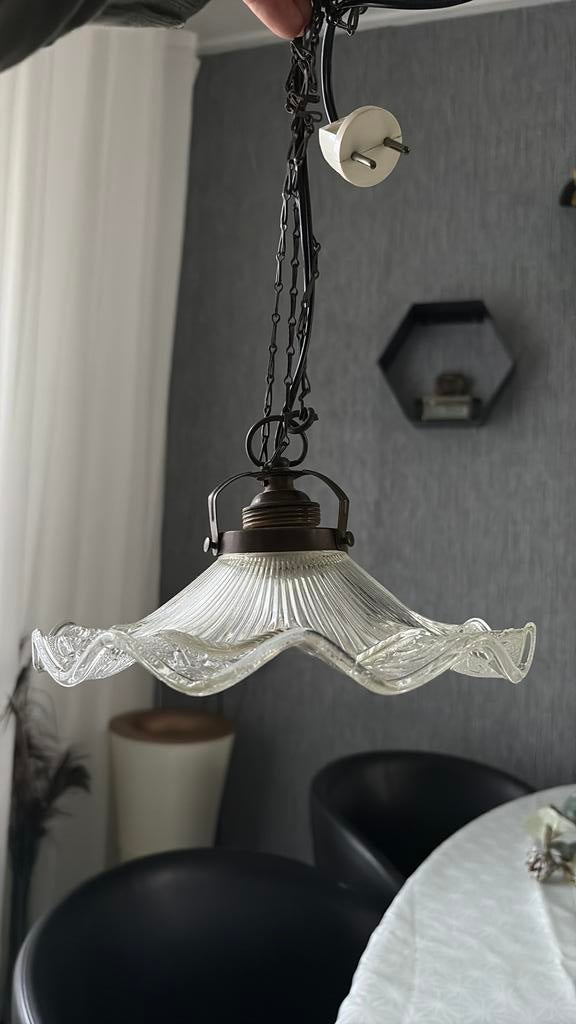 Vintage transparant holophane glas hanglamp jaren ’30–’40, Huis en Inrichting, Lampen | Hanglampen, Ophalen of Verzenden, Zo goed als nieuw