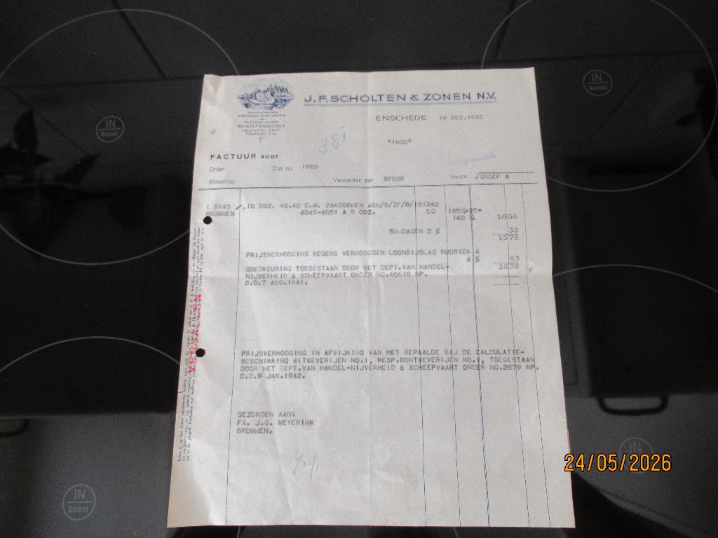 OUDE NOTA -SCHOLTEN EN ZONEN- TEXTIELFABRIEK ENSCHEDE-1942, Ophalen of Verzenden