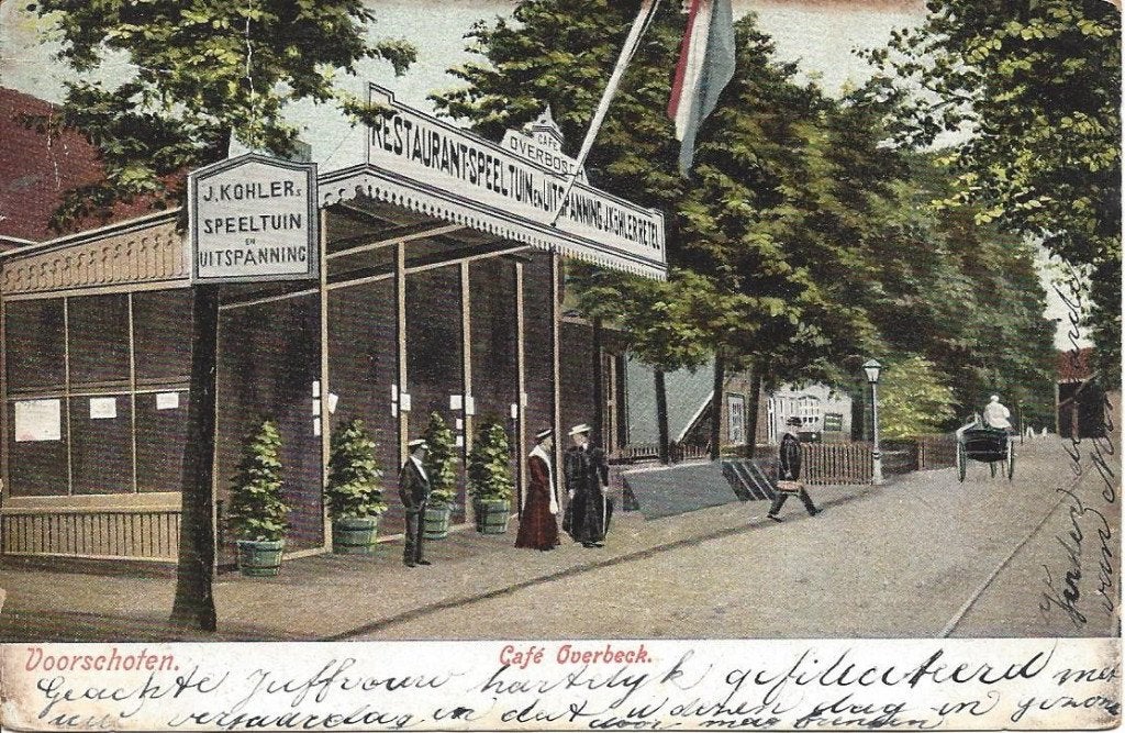 Voorschoten (Z.H.) Café Overbosch, Volk, gelopen 1906, Ophalen of Verzenden, Voor 1920, Gelopen, Zuid-Holland