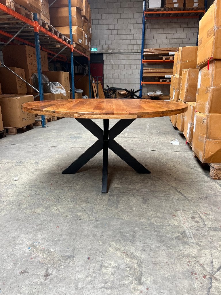 Ronde eettafel 160cm mango incl. spinpoot, Huis en Inrichting, Ophalen, 150 tot 200 cm, Rond, Nieuw