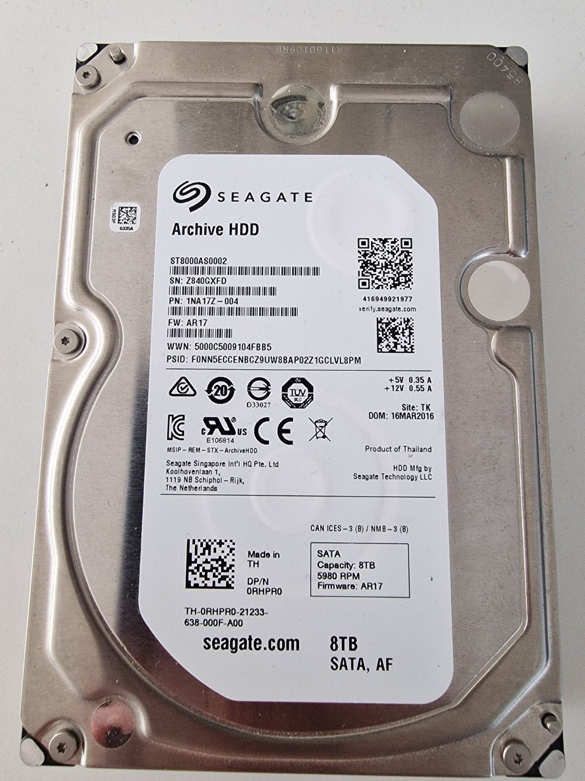 Seagate Archive 8TB HDD - Slechts 824 Draaiuren!, Intern, 8TB, Ophalen of Verzenden, Zo goed als nieuw