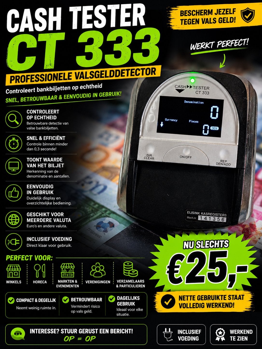 Cash Tester CT 333 Valsgelddetector, Ophalen of Verzenden