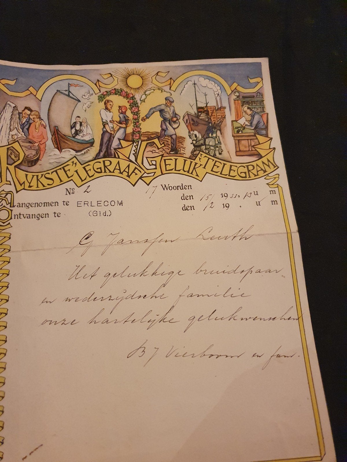 Zeldzaam Rijkstelegraaf Gelukstelegram uit 1933 Erlecom, Verzamelen, Ophalen of Verzenden, 1920 tot 1940, Nederland, Knipsel(s)