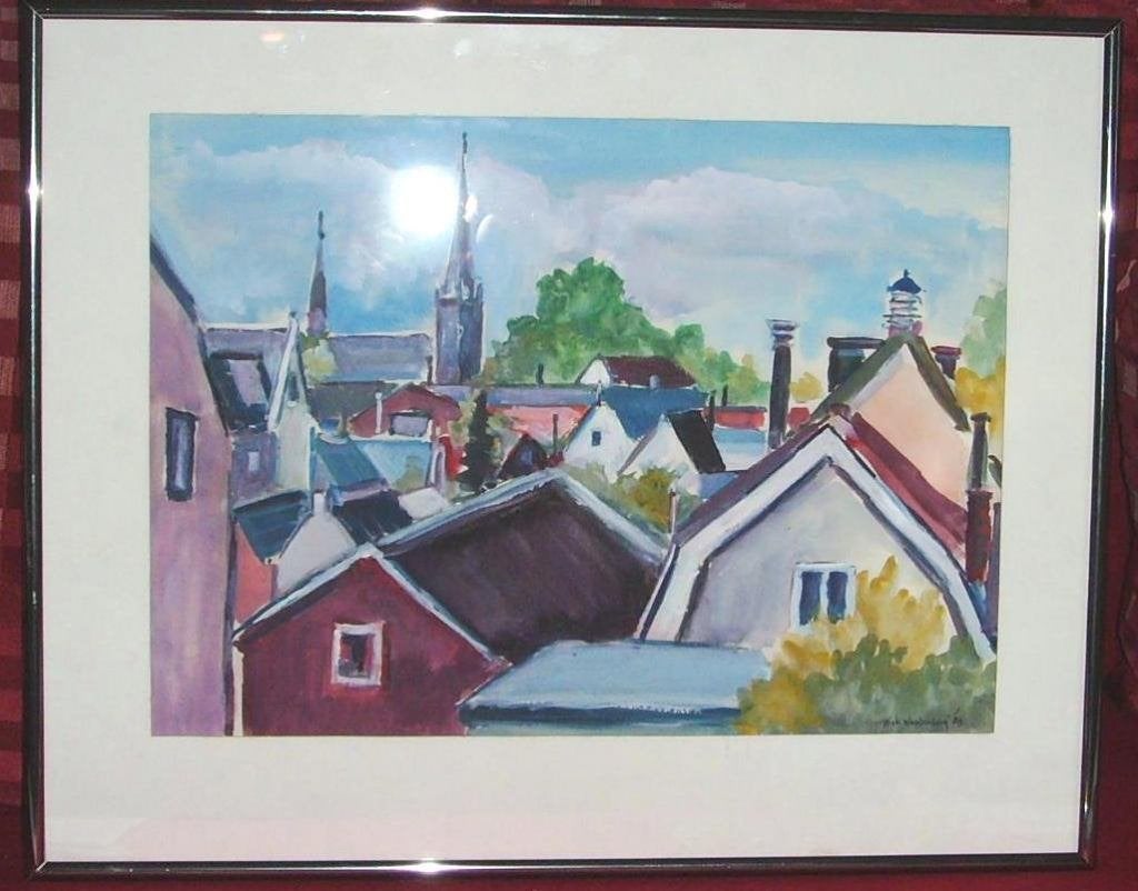 Schilderij Daken in de stad aquarel N. Woudenberg gesigneerd, Ophalen of Verzenden, Aquarel