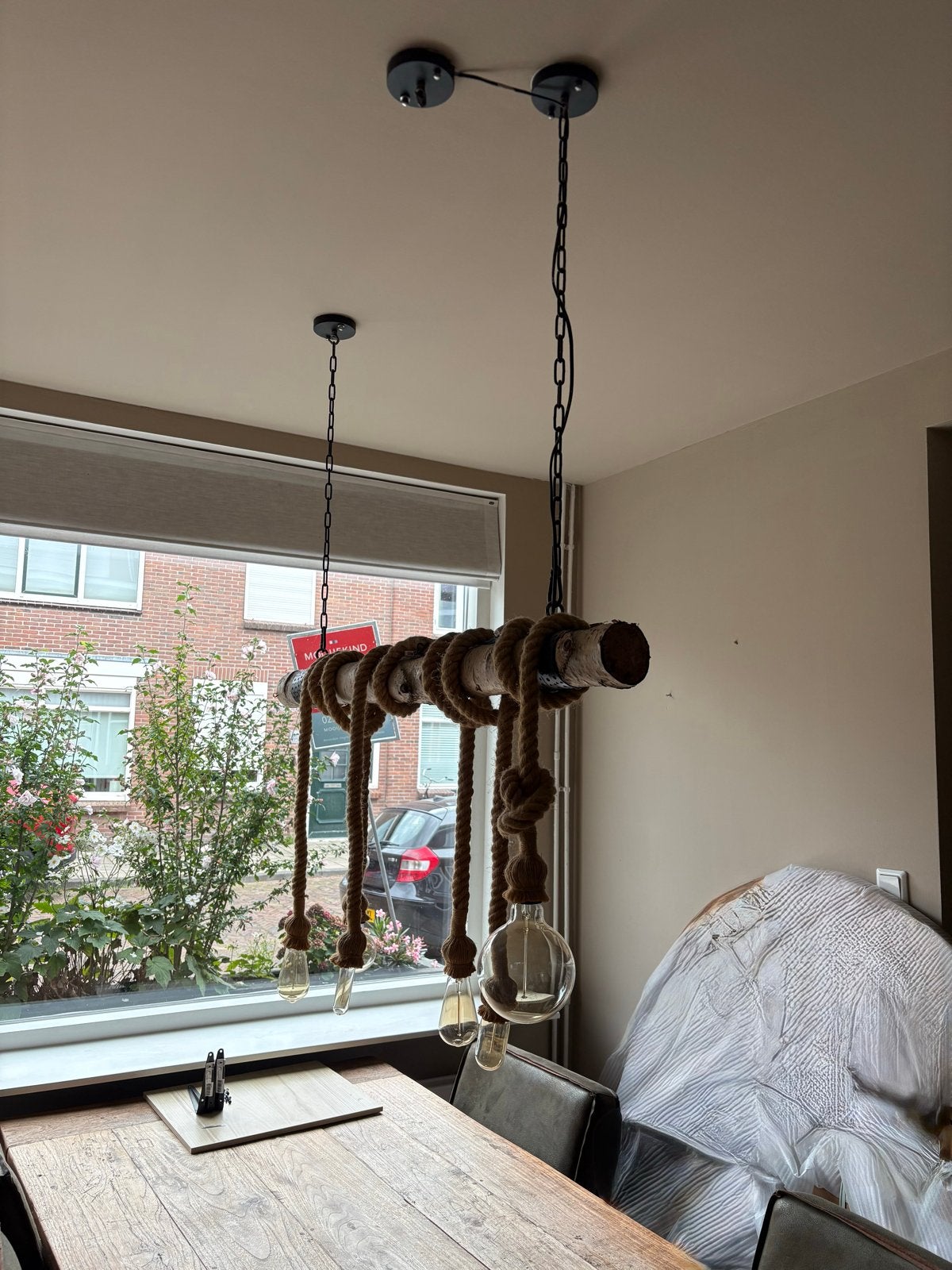 Handgemaakte Industriële Hanglamp met Touw en Hout, Ophalen, Zo goed als nieuw, Hout, E27 (groot)