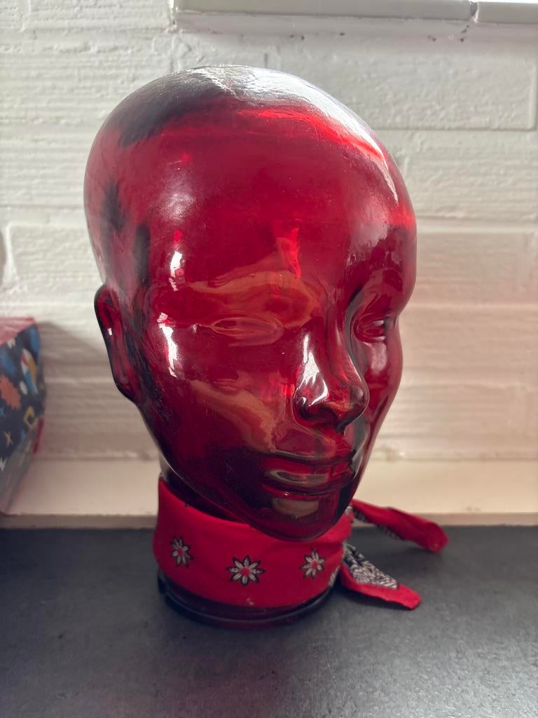 Vintage Rode Glazen Mannequin Hoofdop, Ophalen of Verzenden