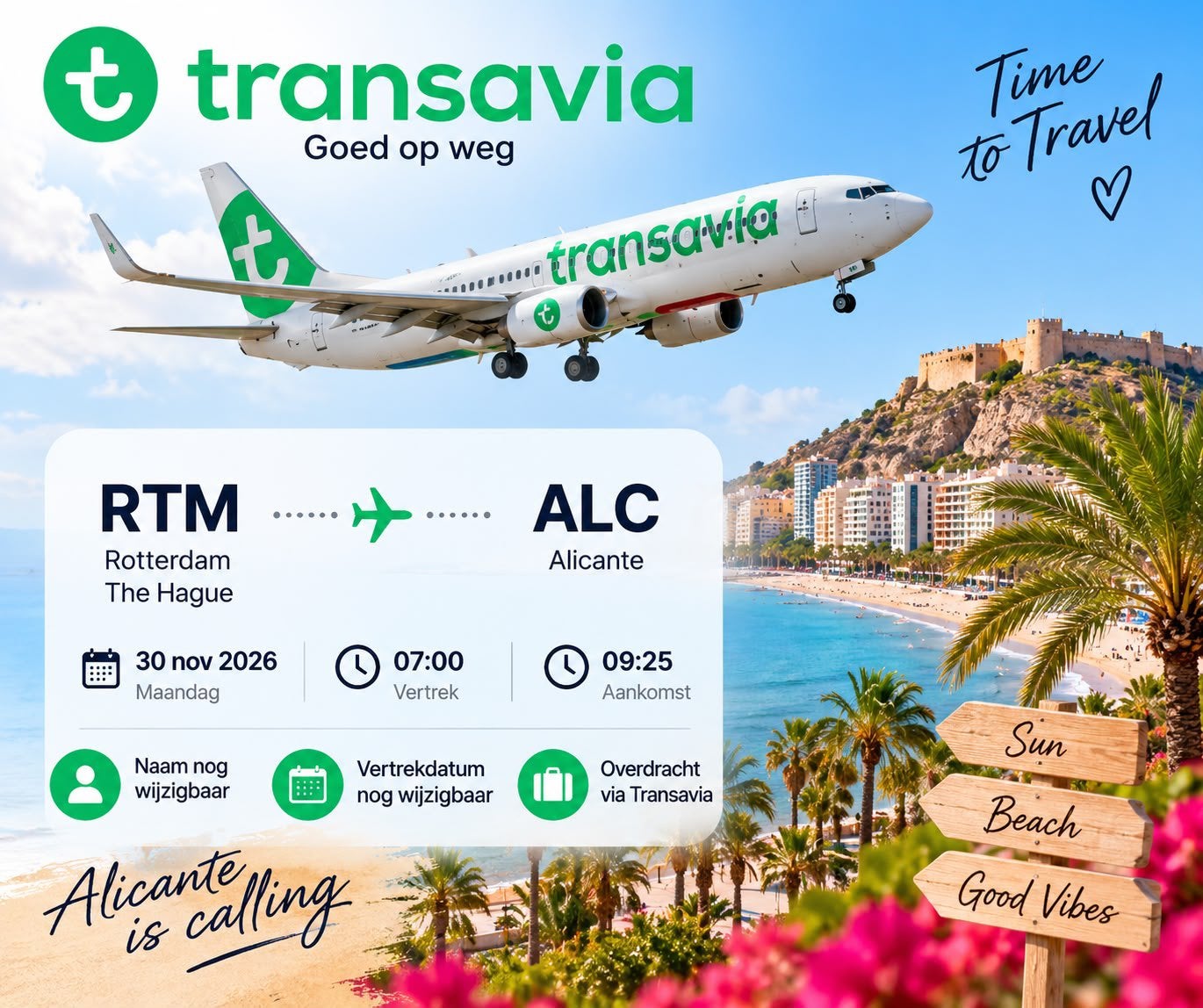 Transavia vliegticket Rotterdam  Alicante – t.w.v €215, Eén persoon, Vliegtuig, Met bestemming of datum