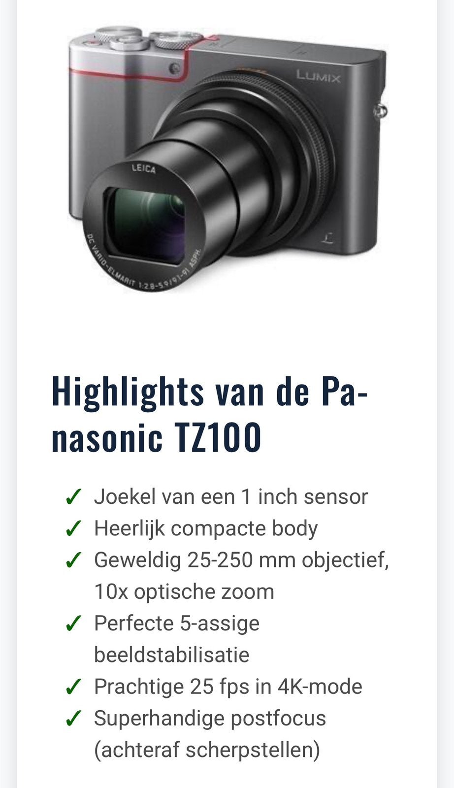 Zgan Panasonic Lumix DMC-TZ100 compactcamera leica lens, Overige typen, Ophalen of Verzenden, Zo goed als nieuw, Overige Merken