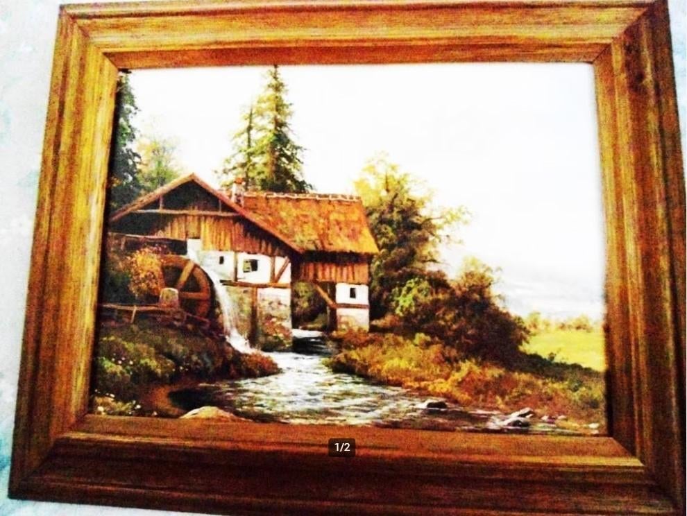 Schilderij CP Montte : "Watermolen" in massief eiken frame, Antiek en Kunst, Kunst | Schilderijen | Klassiek, Ophalen