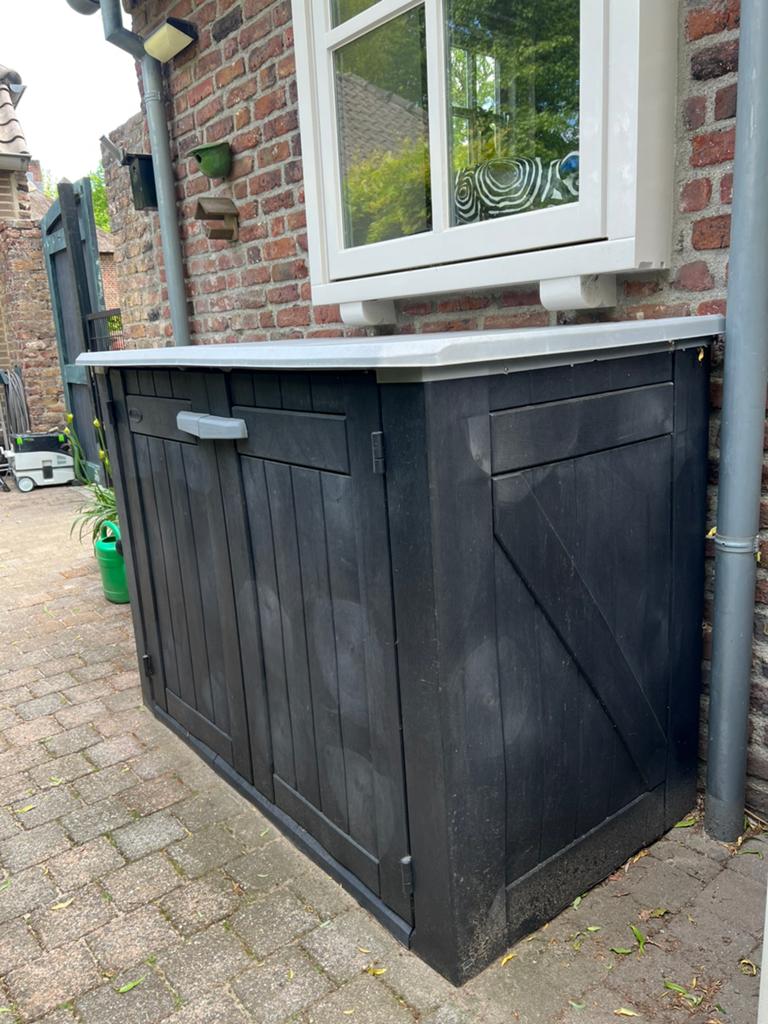 Donkergrijze waterdichte opbergkast met 2 deuren en deksel, Tuin en Terras, Ophalen, Gebruikt, Kunststof, Overige typen