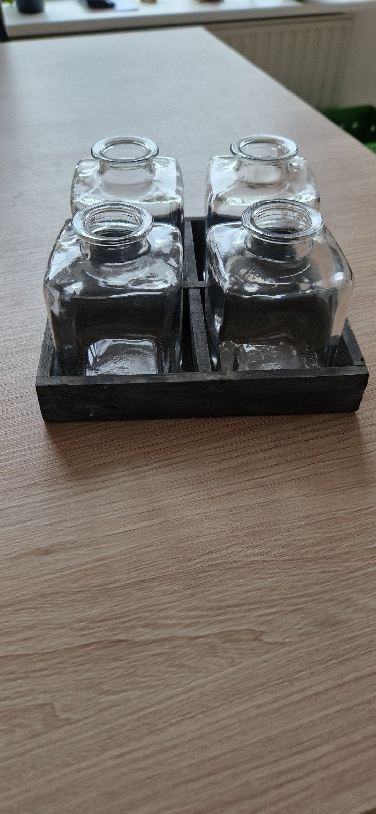 Set van 4 glazen vaasjes in houten houder, Ophalen, Gebruikt, Transparant, Glas