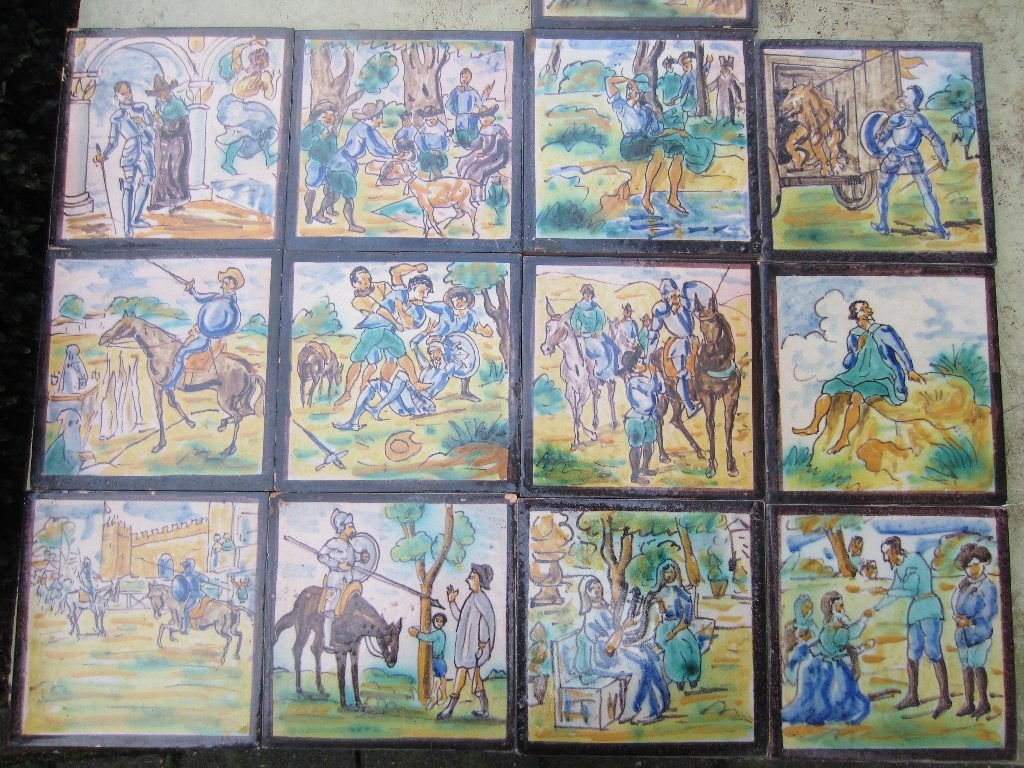 13 kleurrijke oude Spaanse tegels 14x14cm Don Quichot tiles