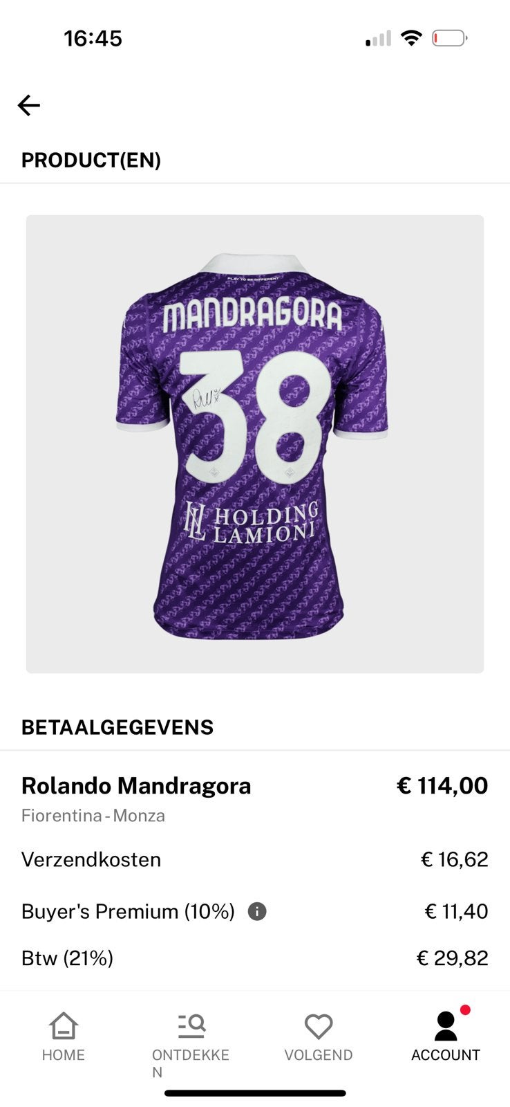 Matchworn shirt Mandragora Fiorentina, Ophalen of Verzenden, Zo goed als nieuw, Buitenlandse clubs, Shirt