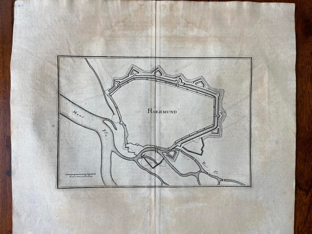 Antieke kaart (vestingkaart) Roermond  C. Merian 1660, Antiek en Kunst, Ophalen of Verzenden