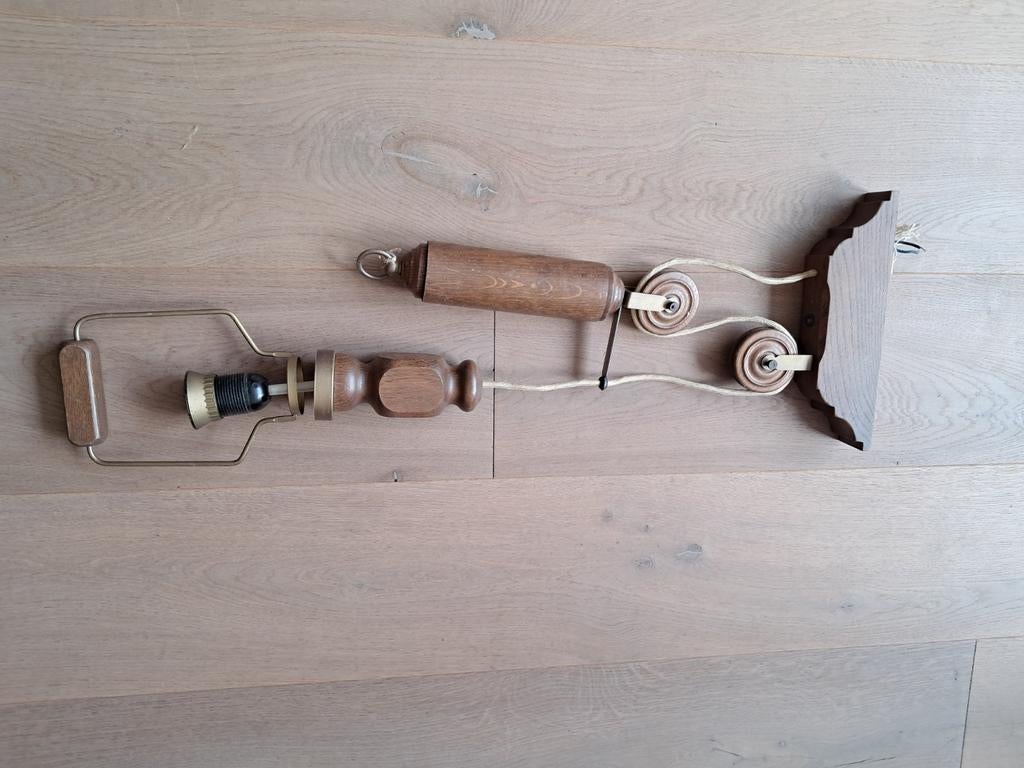 Vintage hanglamp katrolsysteem eikenhout katrol lamp, Antiek en Kunst, Ophalen of Verzenden