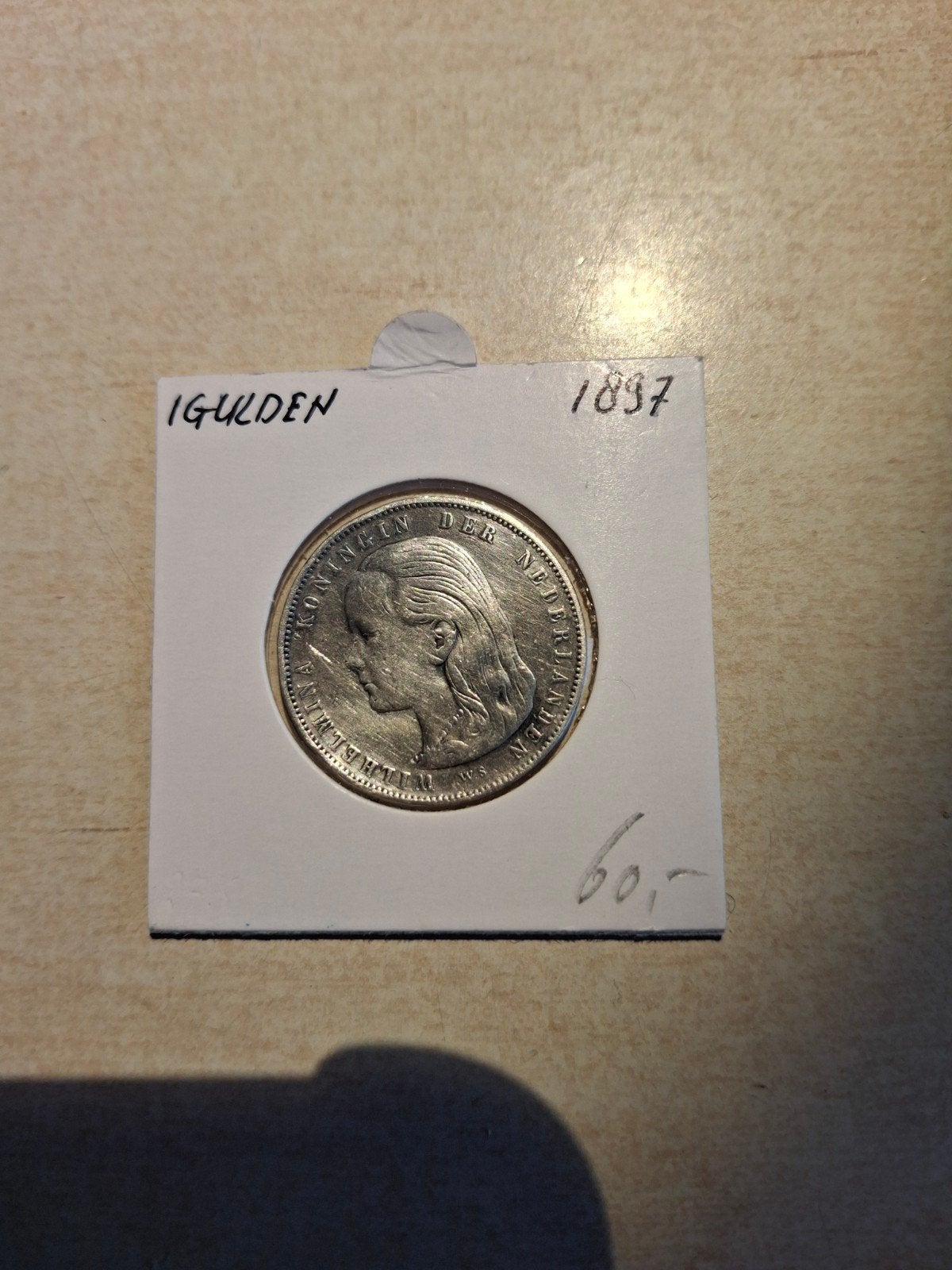 Gulden Wilhelmina 1897 met lang haar, Postzegels en Munten, Munten | Nederland, Ophalen of Verzenden, Koningin Wilhelmina, 1 gulden