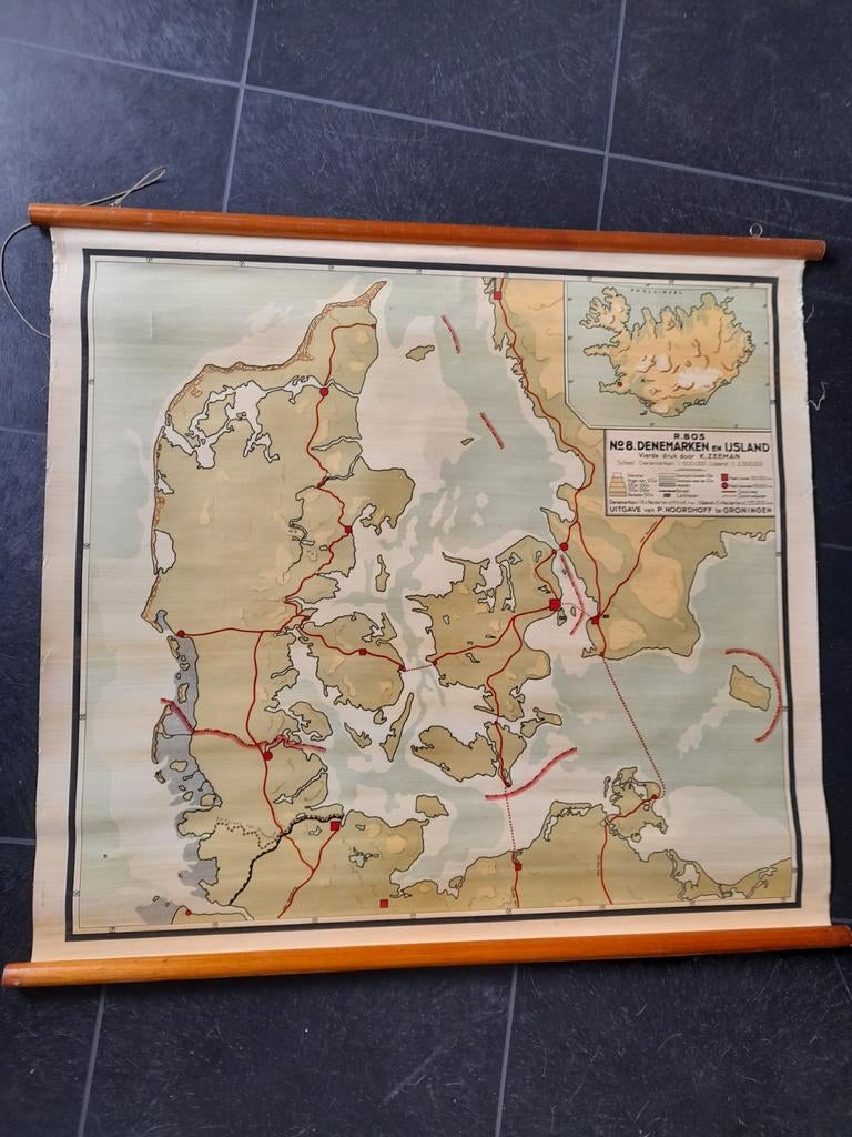 Oude vintage schoolkaart landkaart Deens Denemarken IJsland, Ophalen of Verzenden, Aardrijkskunde