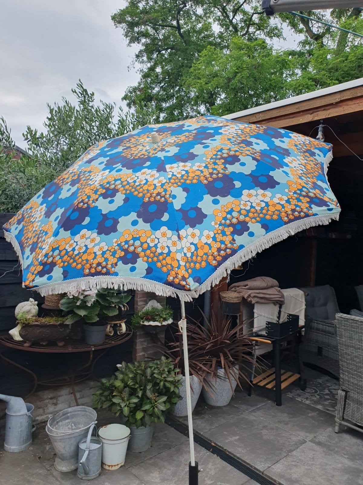 Vintage Franje Parasol - Kleurrijk en Uniek, Tuin en Terras, Parasols, Ophalen, Gebruikt, 2 tot 3 meter, Stokparasol