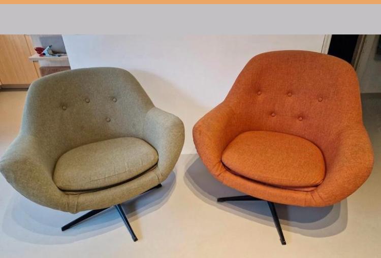 2 vintage retro draaibare kuipstoelen , groen en oranje, Ophalen, Gebruikt, 75 tot 100 cm, 75 tot 100 cm