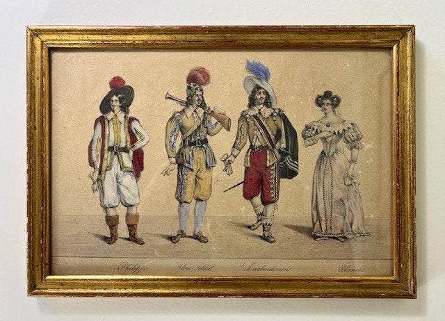Antieke ingekleurde tekening met kostuums uit de 19e eeuw, Ophalen of Verzenden, Gebruikt