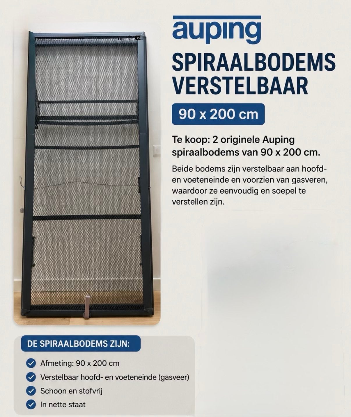 2x Auping spiraalbodems verstelbaar 90x200 cm, Ophalen, 90 cm, Eenpersoons, Zwart