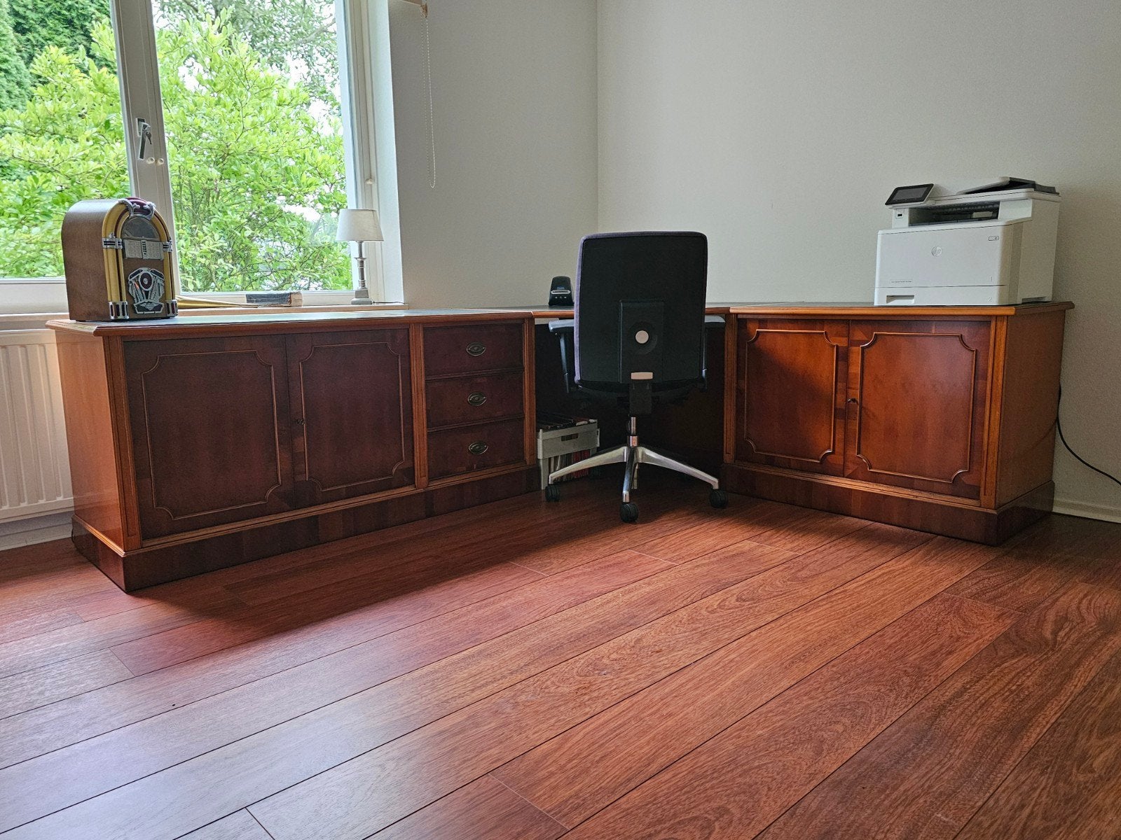 Klassiek hoekbureau met opbergruimte en losse kast, Ophalen, Met lades, Gebruikt, Hout
