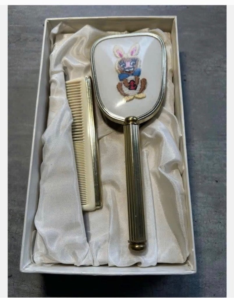 Vintage kinderset kam en borstel in originele doos, Antiek en Kunst, Ophalen of Verzenden
