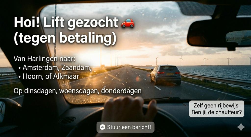 Lift gezocht: Harlingen richting Amsterdam/Zaandam/Hoorn, Contacten en Berichten, Reisgenoten en Carpoolers