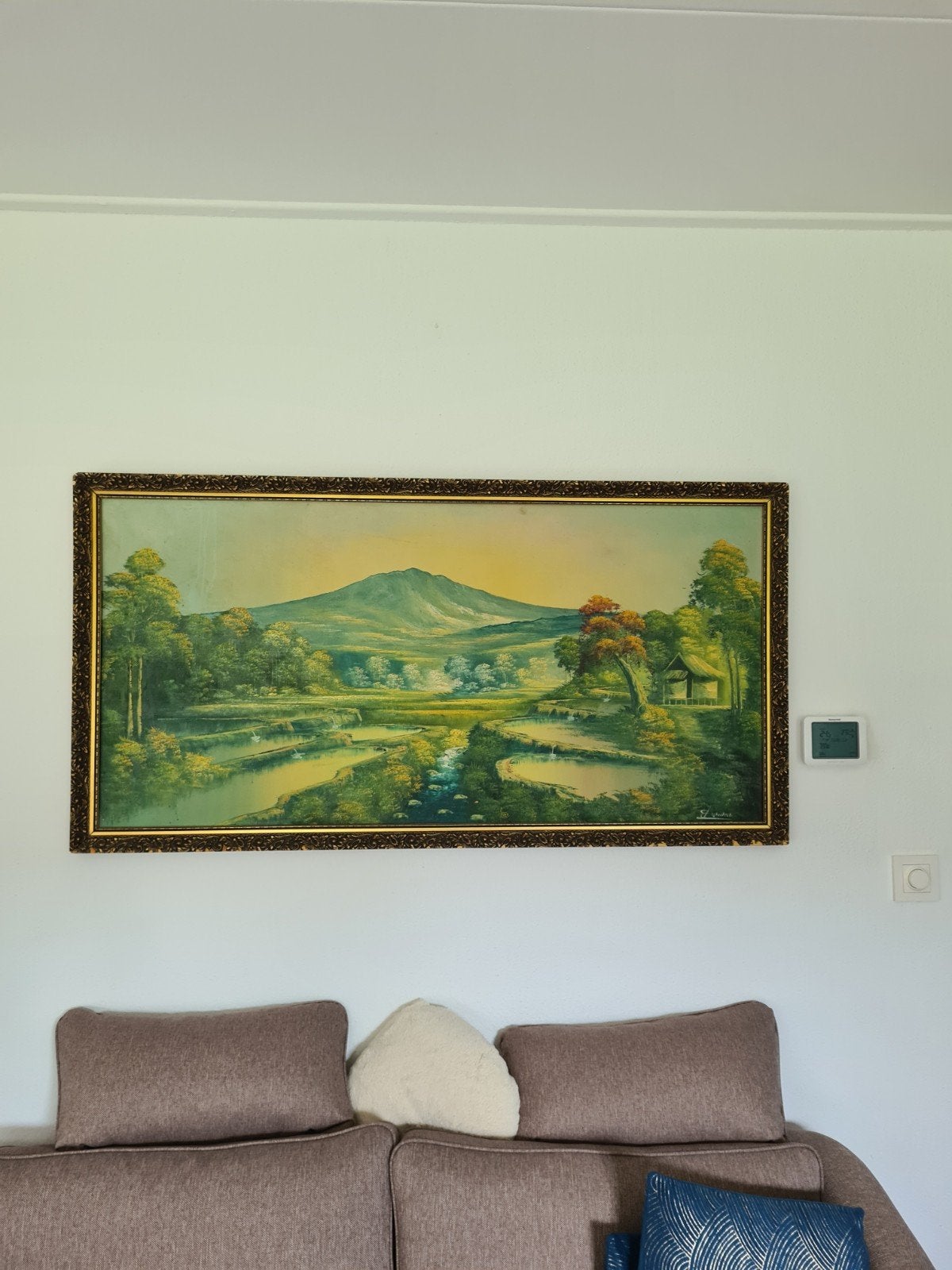 Schilderij Java,gesigneerd berglandschap en waterpartijen, Antiek en Kunst, Ophalen, Doek, Landschap, Olieverf