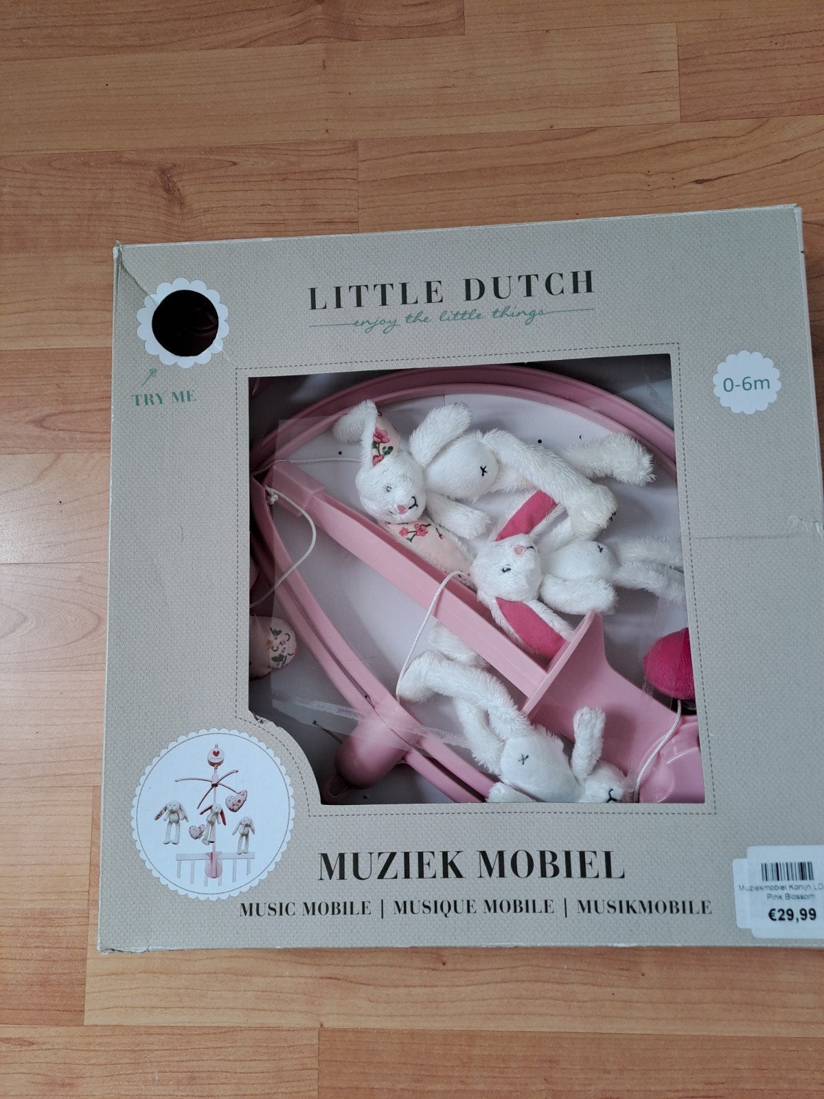 Little Dutch Muziek Mobiel Roze Konijntjes 0-6m, Ophalen, Gebruikt, Mobiel, Met geluid