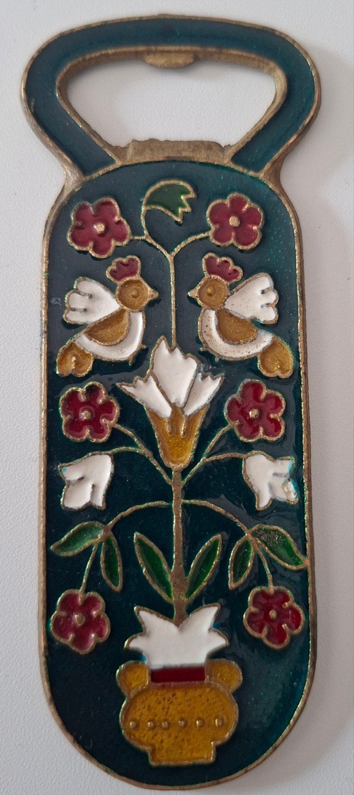 Vintage bronzen flesopener met emaille decoratie., Verzamelen, Ophalen of Verzenden