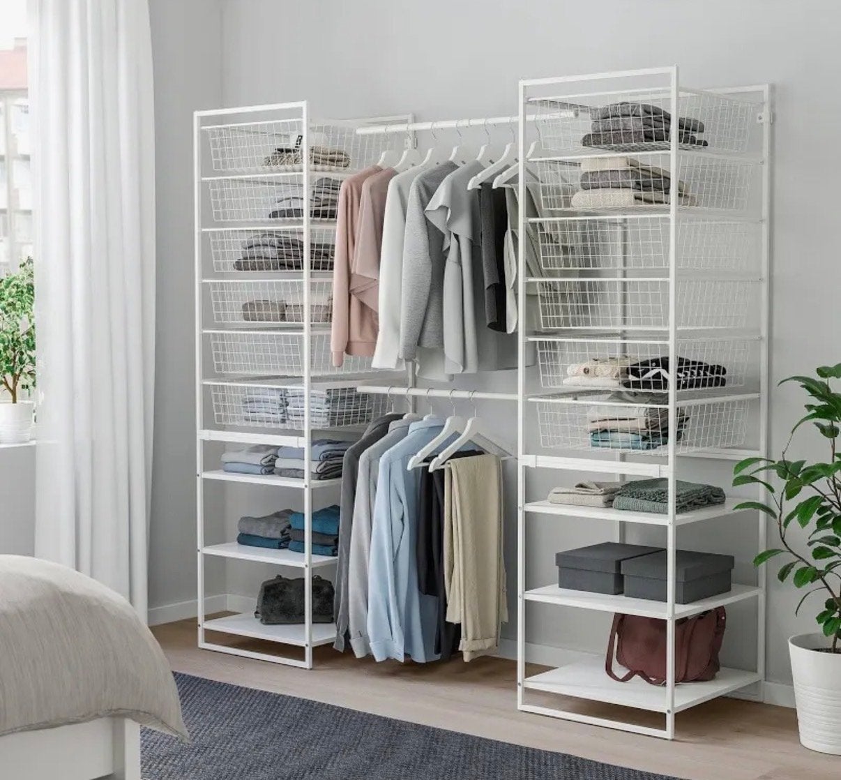 IKEA JONAXEL Kledingkast wit staal met roede en draadmanden, Ophalen, Gebruikt, 100 tot 150 cm, 200 cm of meer