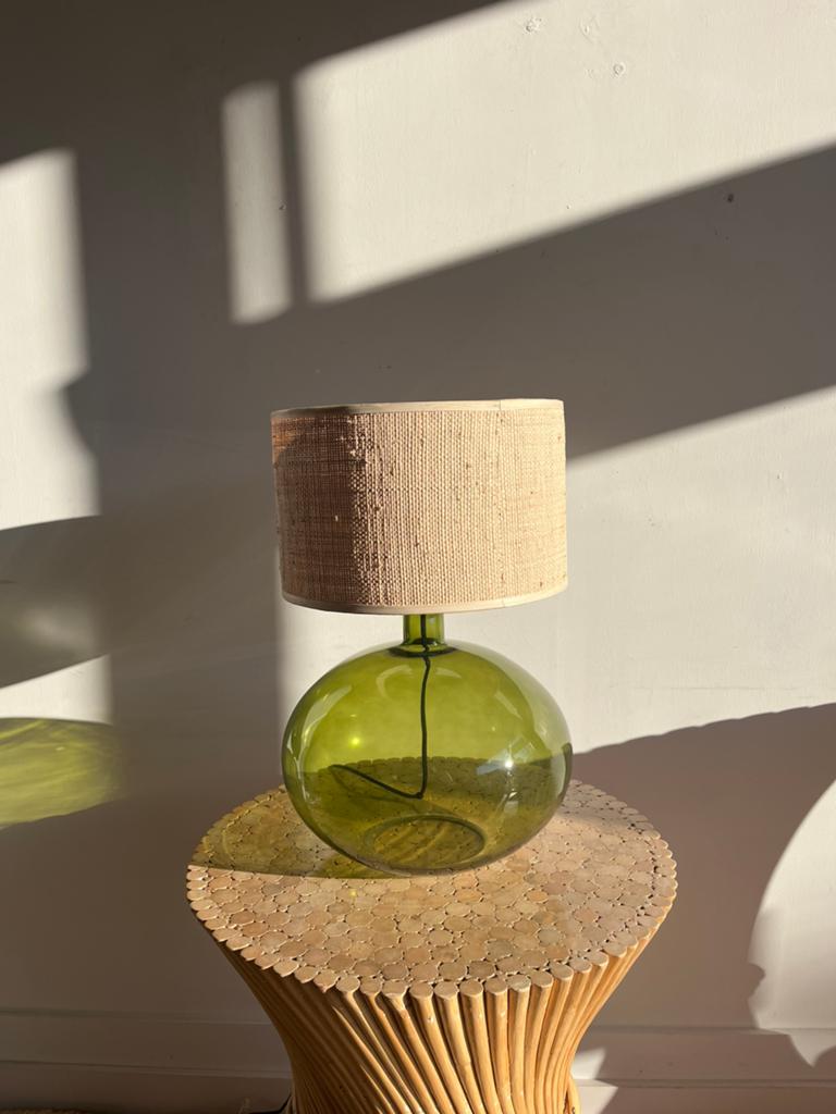 Groene glazen lamp met rotan kap Anne Nilsson IKEA vintage, Ophalen, Minder dan 50 cm, IKEA, X
