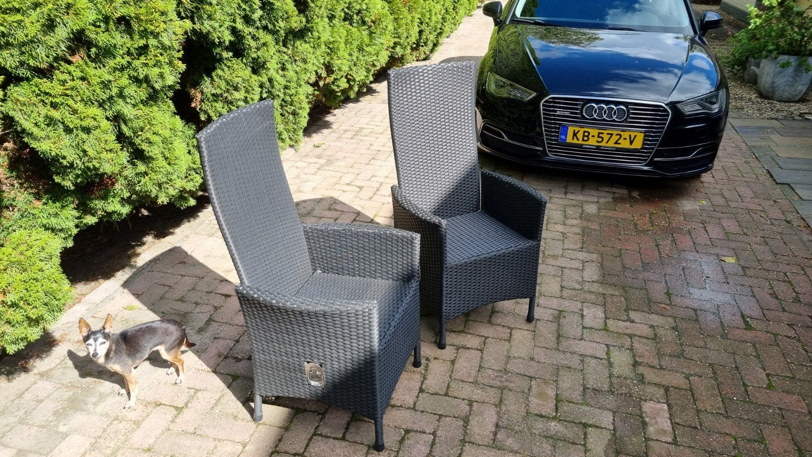 2 stuks Verstelbare Wicker Tuinstoelen - Grijs, Tuin en Terras, Ophalen of Verzenden, Gebruikt, Wicker, Verstelbaar