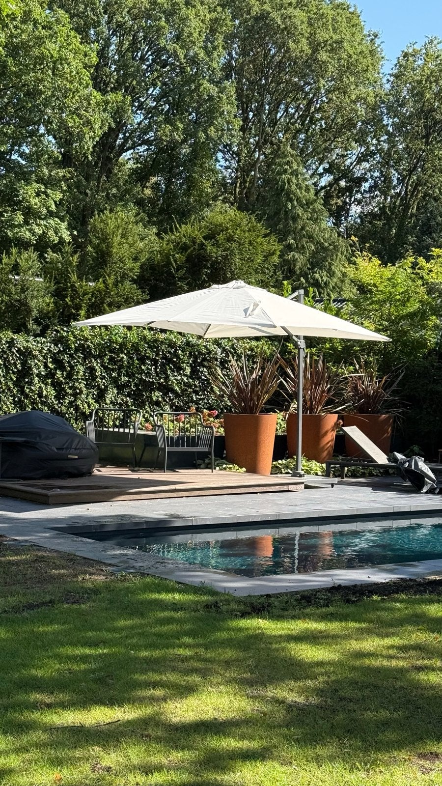 Witte zweefparasol 3x3m 360 graden draaibaar en kantelbaar, Ophalen, Zweefparasol, 3 tot 4 meter, Verstelbaar