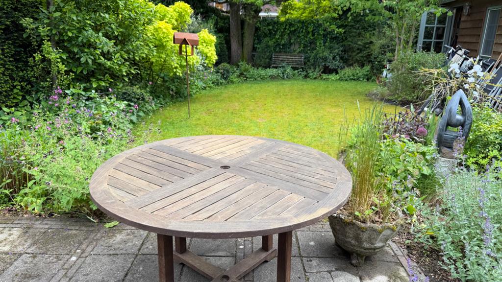 Ronde hard houten tuintafel 120 cm diameter, 70 cm hoog, Tuin en Terras, Ophalen, Gebruikt, Rond, Hout