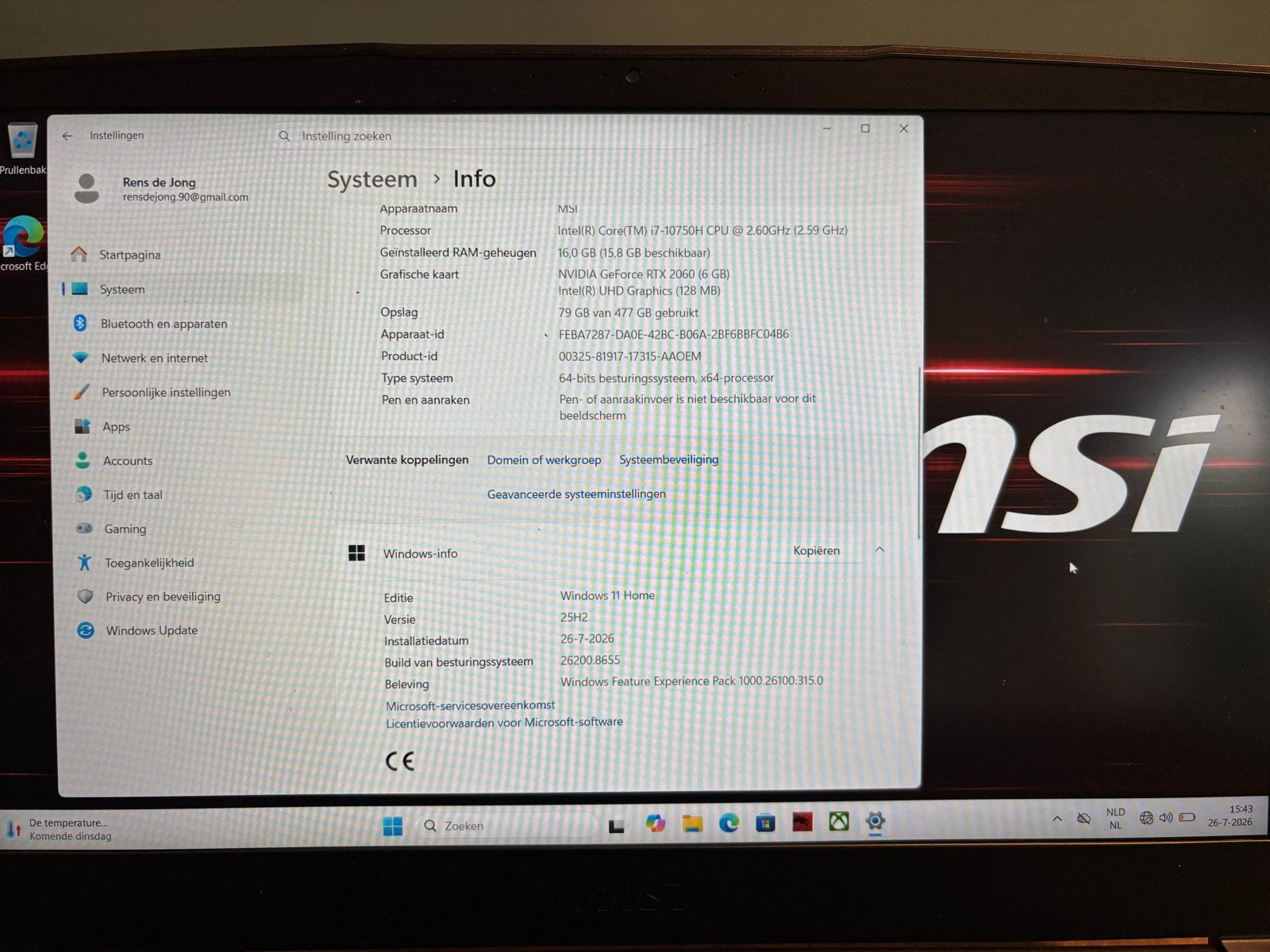 MSI 15 inch Gaming Laptop i7 RTX 2060, Ophalen, Gebruikt, Met videokaart, 2 tot 3 Ghz