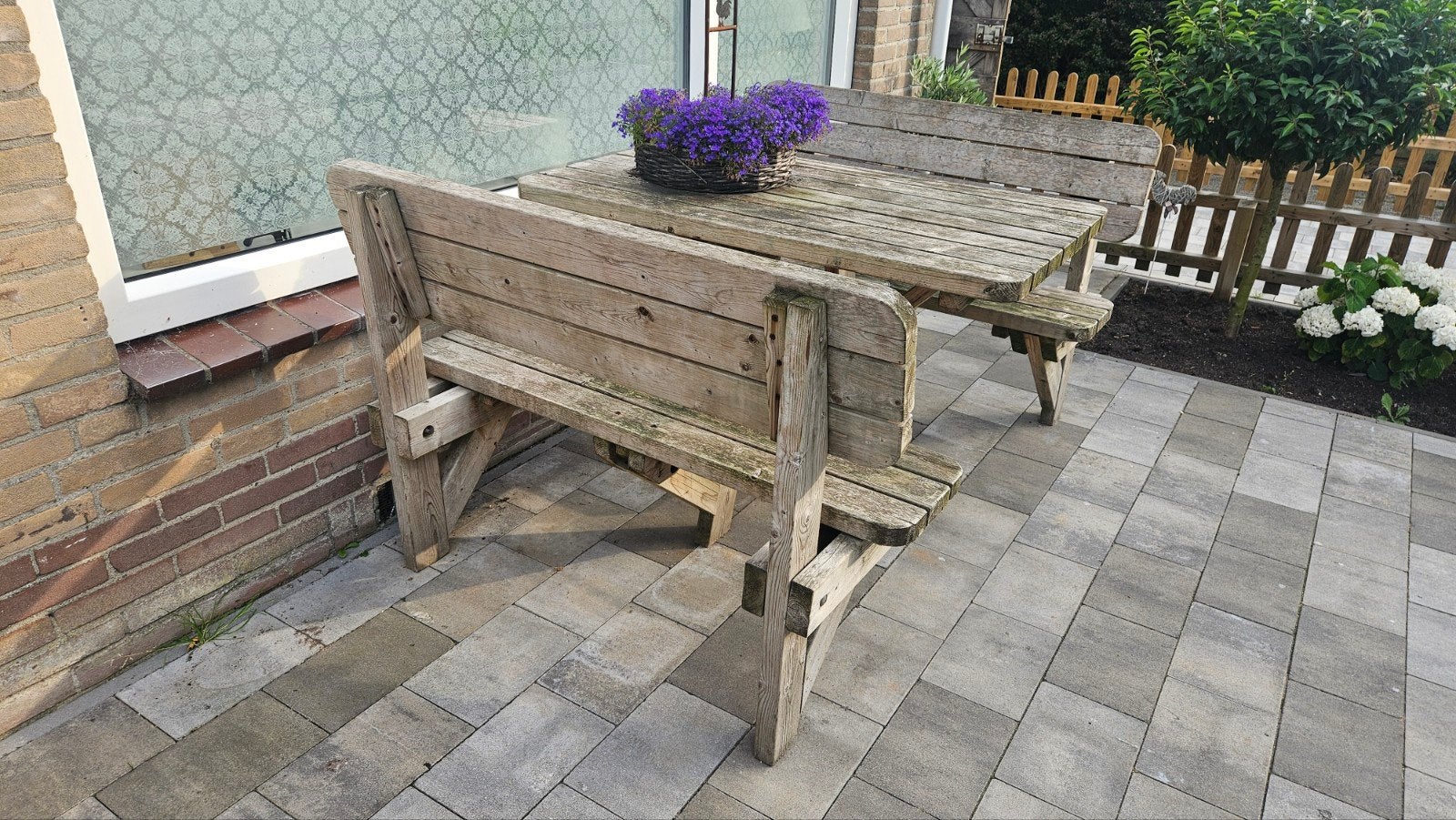 Robuuste houten picknicktafel met rugleuningen 120cm x 170cm, Tuin en Terras, Picknicktafels, Ophalen, Gebruikt, Rechthoekig, Hout