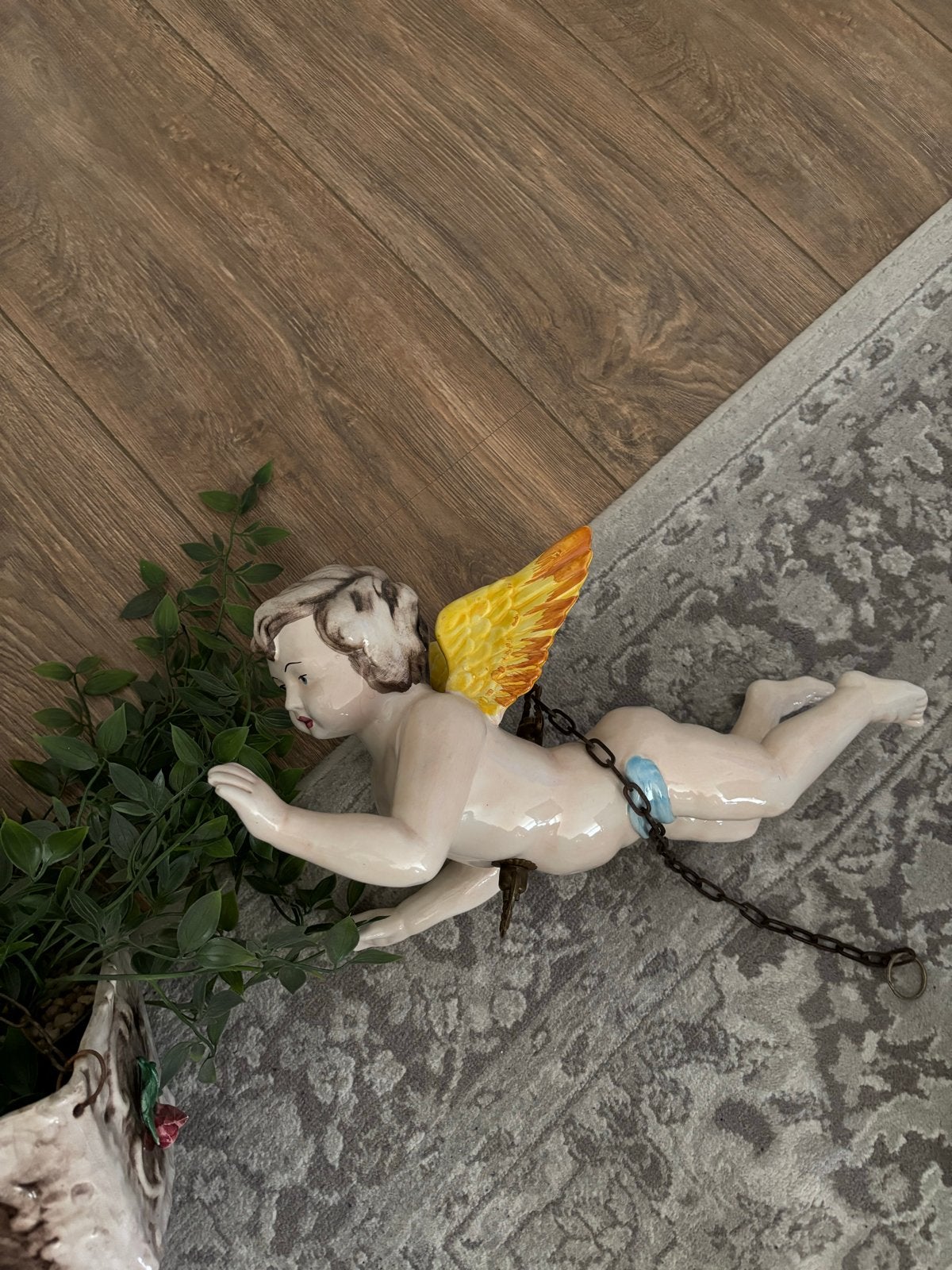 Vintage hang Cherubijn met Engel en Bloempot, Antiek en Kunst, Ophalen