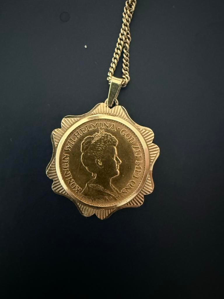 10 Gulden Wilhelmina Gouden Ketting 14 Karaat 1912, Ophalen of Verzenden, Gebruikt, Goud, Met hanger