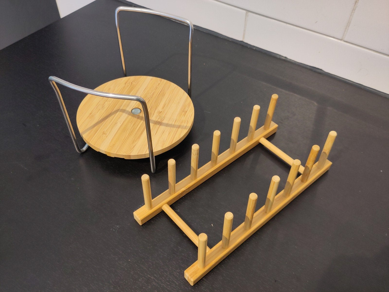 Bamboe Bordenrek en Verstelbare Onderzetter Keuken, Gebruikt, Bordenrek, Hout, Ophalen of Verzenden