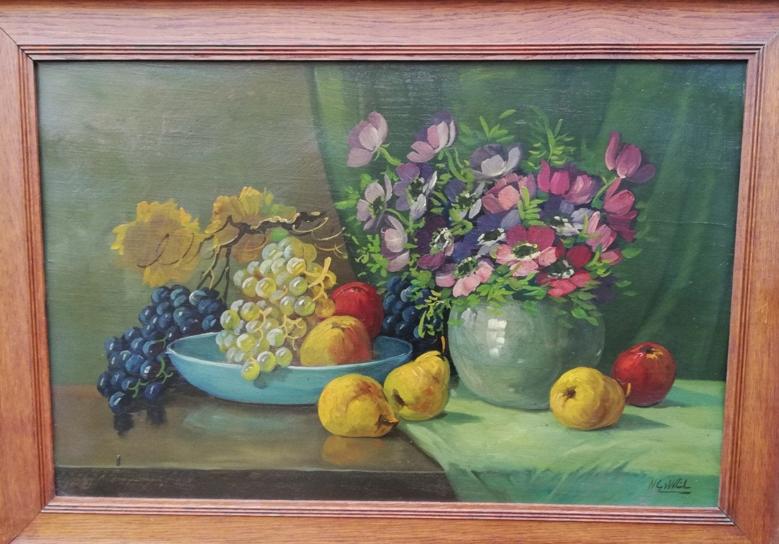 W. G. v Wel, Stilleven met bloemen en fruit. 71/50 cm., Antiek en Kunst, Paneel, Ophalen of Verzenden, Olieverf, Klassiek